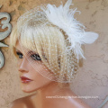 Feather Fascinator and French net birdcage veil, large feather headpiece and bridal veil, Bridal Hairpiece Set
